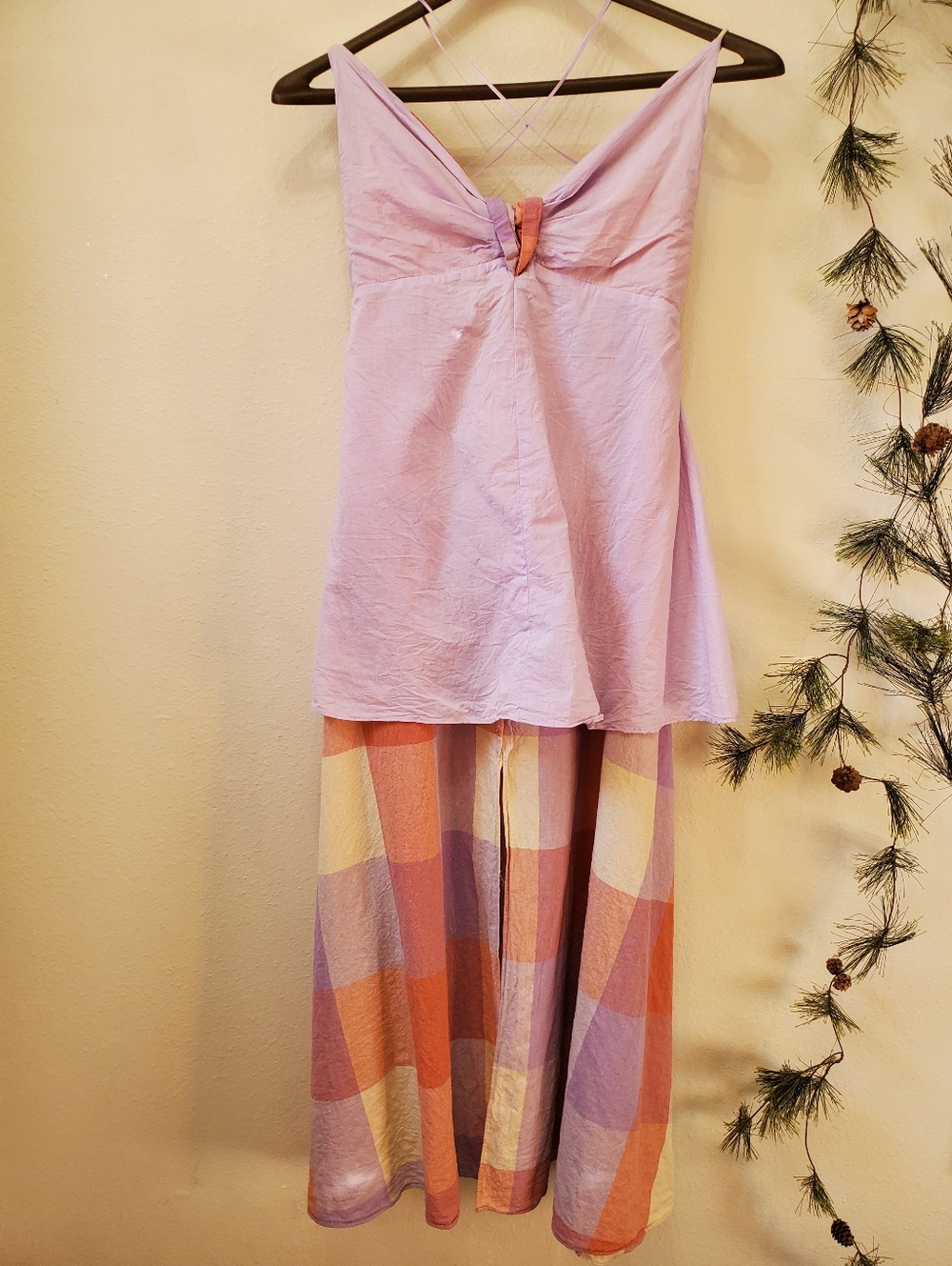 Dress Forum LA Ally Plaid Maxi Dress Lavender Coral Tie-back Front Slit Lined - Picture 12 of 16